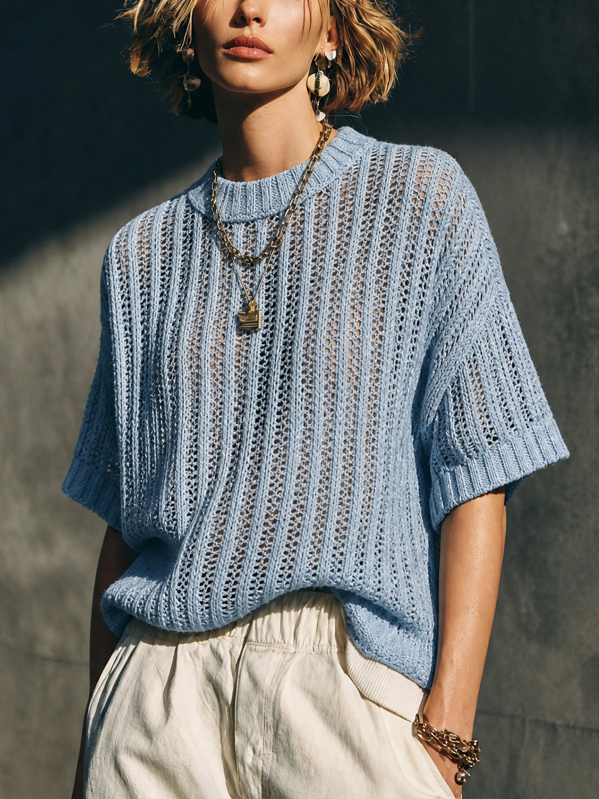Chic Casual Light Blue Round Neck Half Sleeve Loose-Fit Vertical Hollow Rib Knit Sweater Top