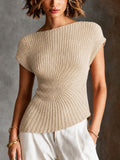 Minimalist Beige Boat Neck Cap Sleeve Irregular Hem Blouse Slim Fit Radial Rib Knit Sweater Top