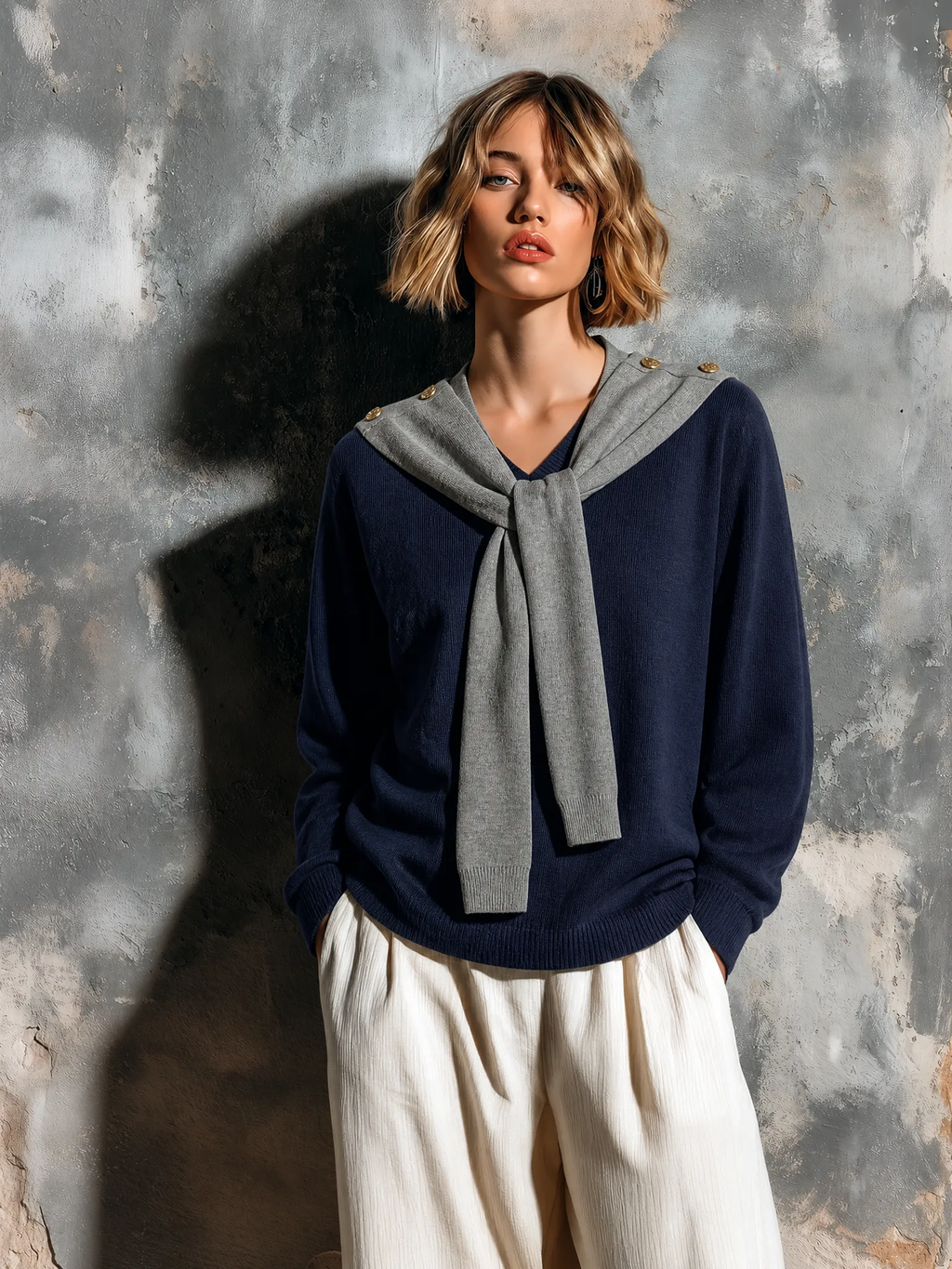 Chic Elegant Navy Blue Mock Two-Piece V-Neck Gray Sailor Scarf Long Sleeve Loose-Fit Knit Sweater Top
