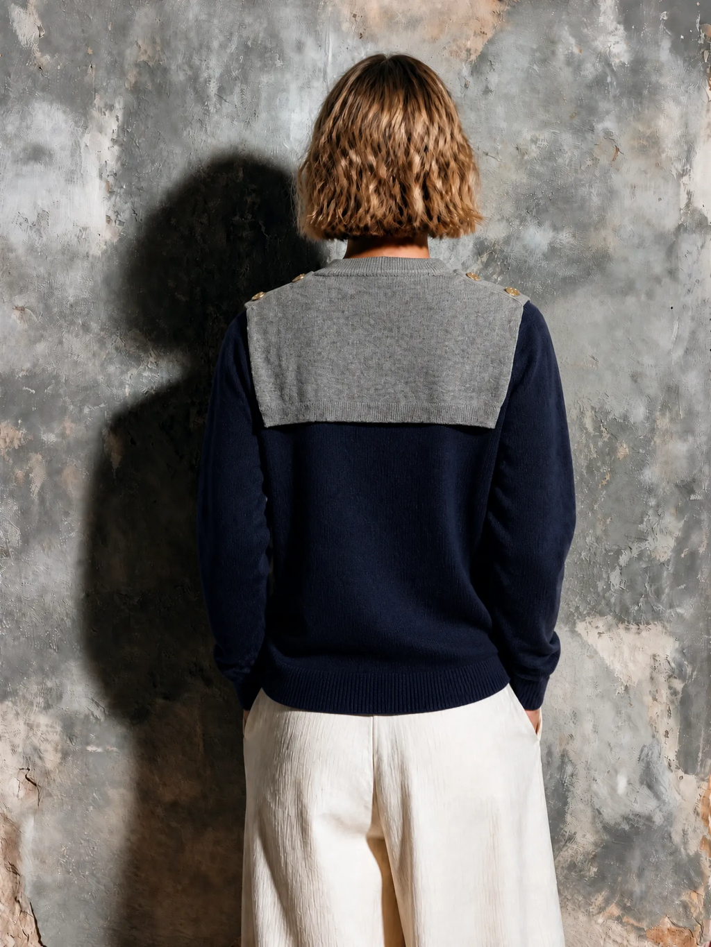 Chic Elegant Navy Blue Mock Two-Piece V-Neck Gray Sailor Scarf Long Sleeve Loose-Fit Knit Sweater Top
