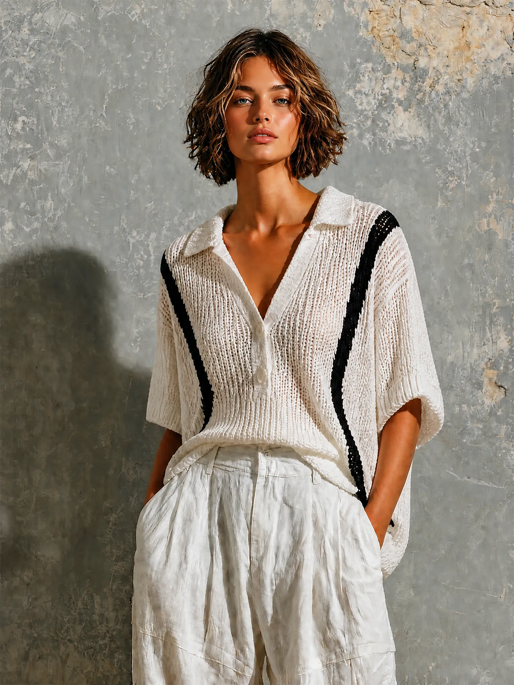 Chic Casual White Lapel Collar Half Button Black Contrast Trim Short Sleeve Loose-Fit Hollow Open Knit Sweater Top