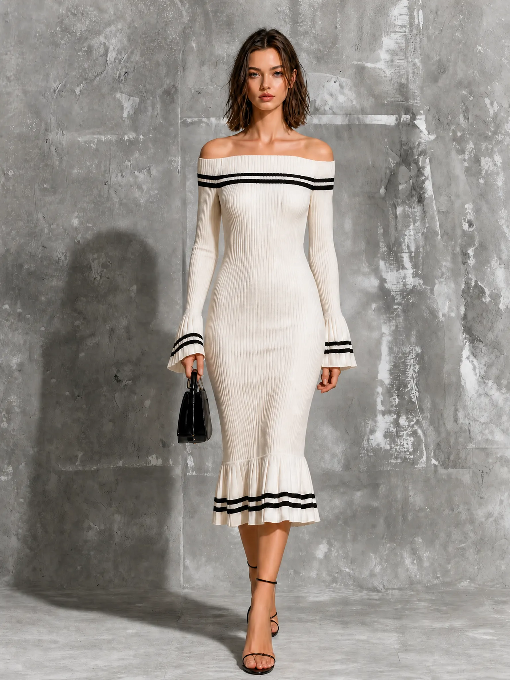 Chic Elegant White Off-The-Shoulder Contrast Trim Flare Long Sleeve Slim-Fit Mermaid Knit Midi Dress