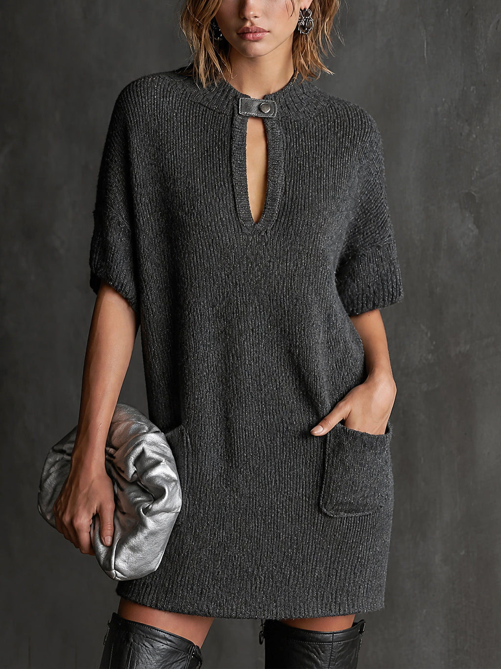 Chic Dark Gray-Silver Marled Turtleneck Leather Buckle Pockets Detail Half Sleeve Loose-Fit Mini Knit Dress