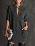 Chic Dark Gray-Silver Marled Turtleneck Leather Buckle Pockets Detail Half Sleeve Loose-Fit Mini Knit Dress