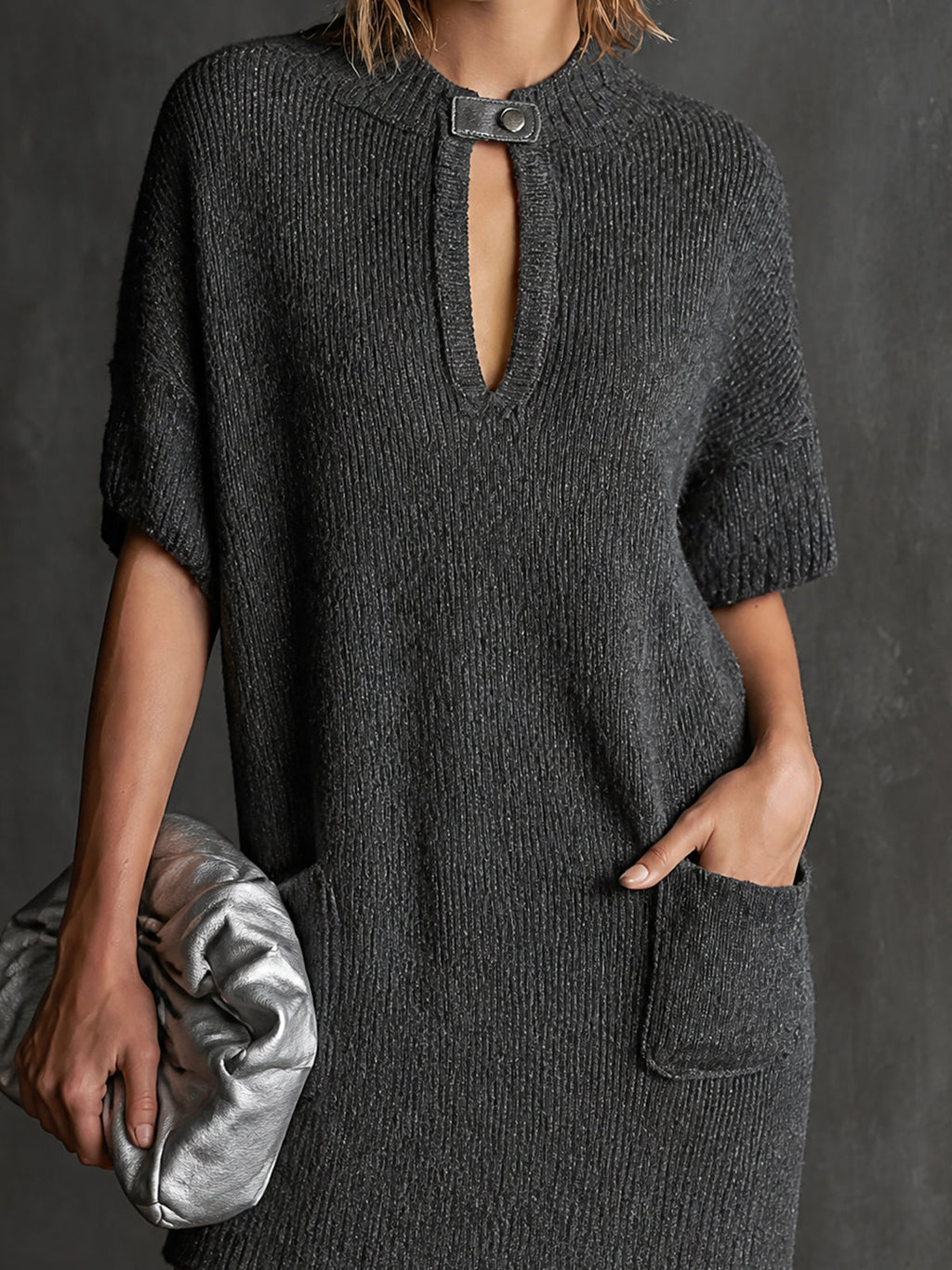 Chic Dark Gray-Silver Marled Turtleneck Leather Buckle Pockets Detail Half Sleeve Loose-Fit Mini Knit Dress