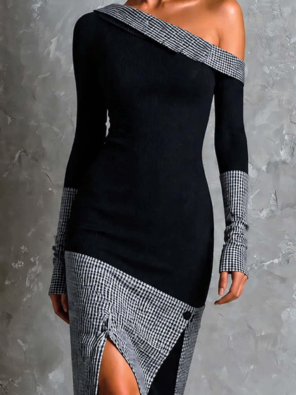 Chic Elegant Black Asymmetrical Off Shoulder Gingham Colorblock Long Sleeve Slim-Fit Side Slit Knit Midi Dress