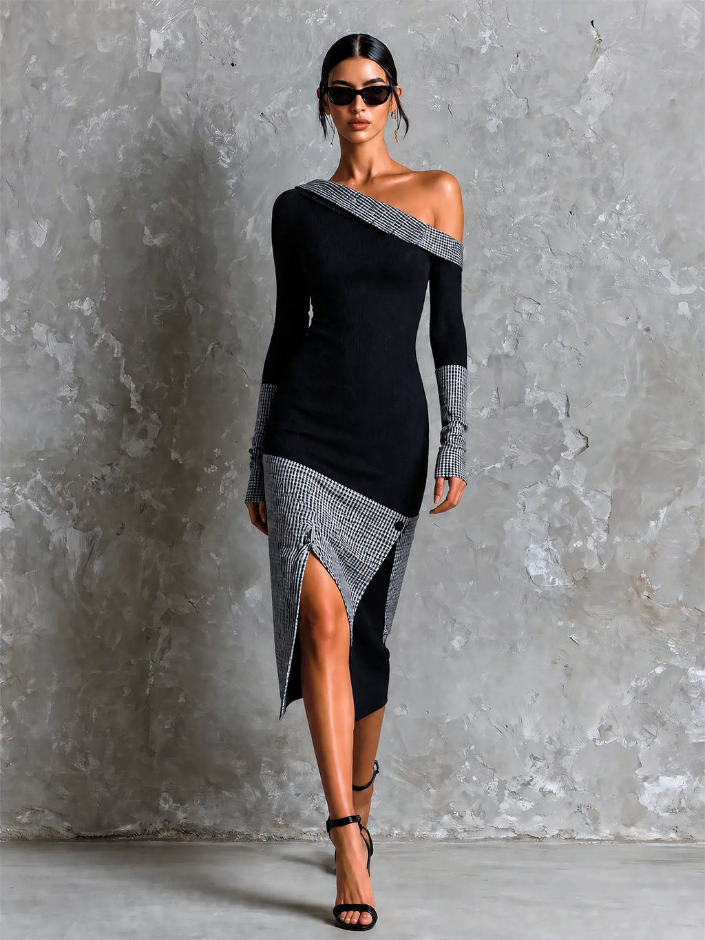 Chic Elegant Black Asymmetrical Off Shoulder Gingham Colorblock Long Sleeve Slim-Fit Side Slit Knit Midi Dress