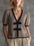 French Elegant Camel-Black-Cream Colorblock V-Neck Black Bow Detail Small Check Tweed Half Puff Sleeve Loose-Fit Knit Sweater Top