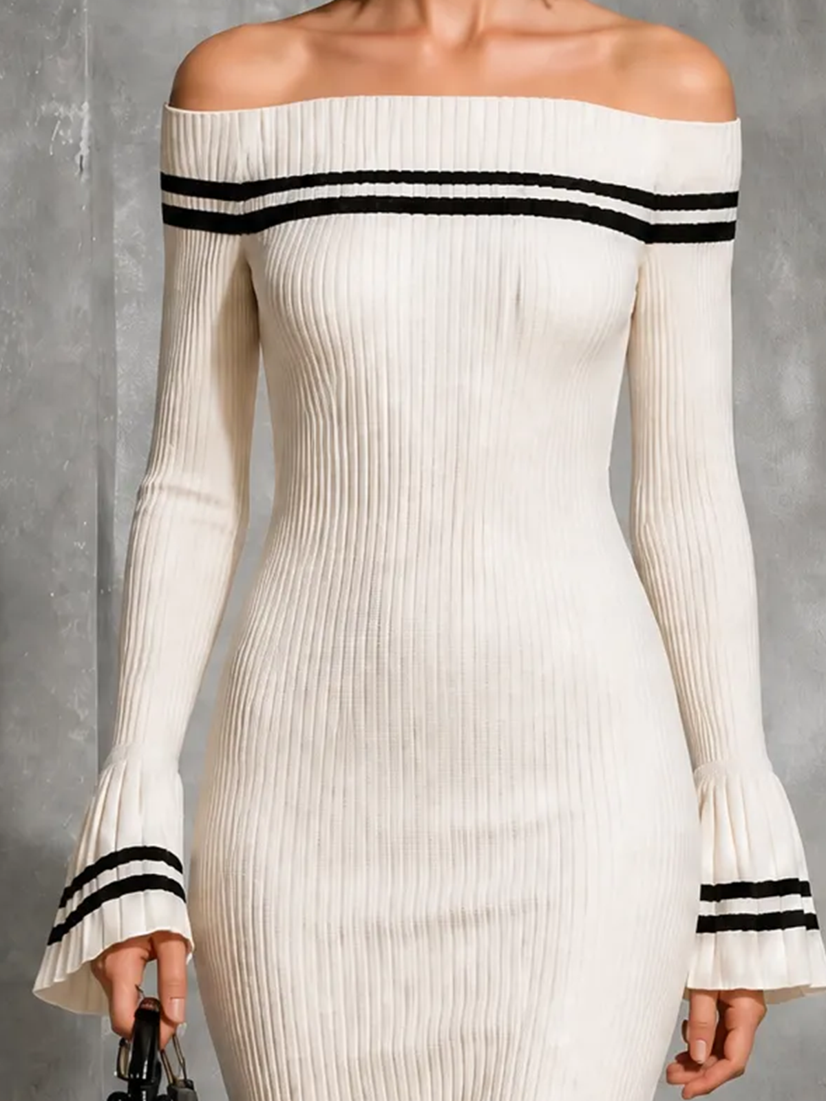 Chic Elegant White Off-The-Shoulder Contrast Trim Flare Long Sleeve Slim-Fit Mermaid Knit Midi Dress