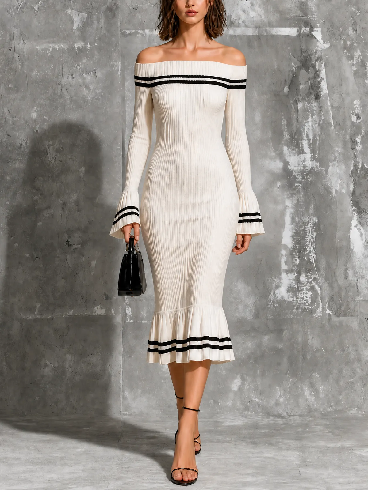 Chic Elegant White Off-The-Shoulder Contrast Trim Flare Long Sleeve Slim-Fit Mermaid Knit Midi Dress