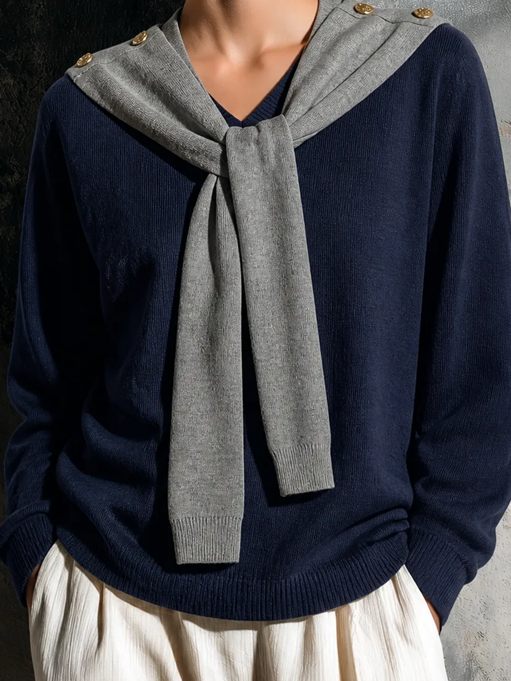 Chic Elegant Navy Blue Mock Two-Piece V-Neck Gray Sailor Scarf Long Sleeve Loose-Fit Knit Sweater Top