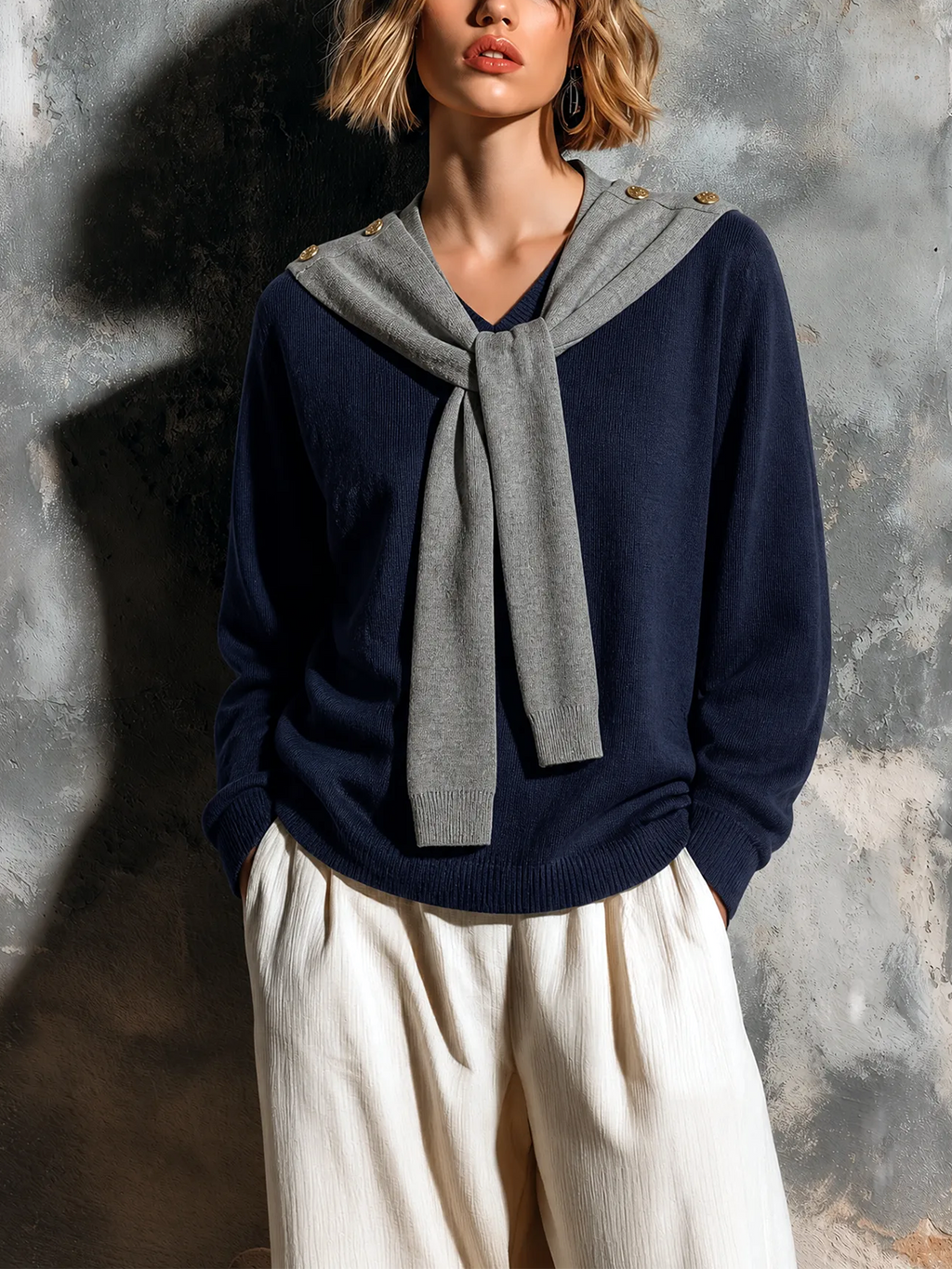 Chic Elegant Navy Blue Mock Two-Piece V-Neck Gray Sailor Scarf Long Sleeve Loose-Fit Knit Sweater Top