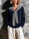 Chic Elegant Navy Blue Mock Two-Piece V-Neck Gray Sailor Scarf Long Sleeve Loose-Fit Knit Sweater Top