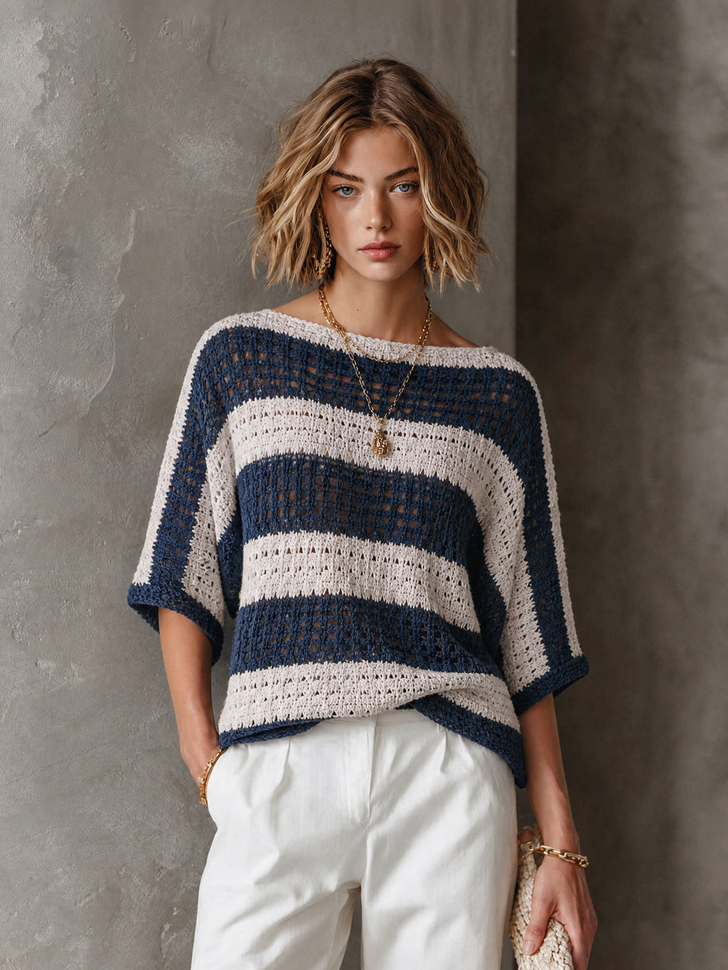 Chic Coastal Navy-Cream Colorblock Stripe Boat Neck Batwing Three-Quarter Sleeve Loose-Fit Hollow Knit Sweater Top