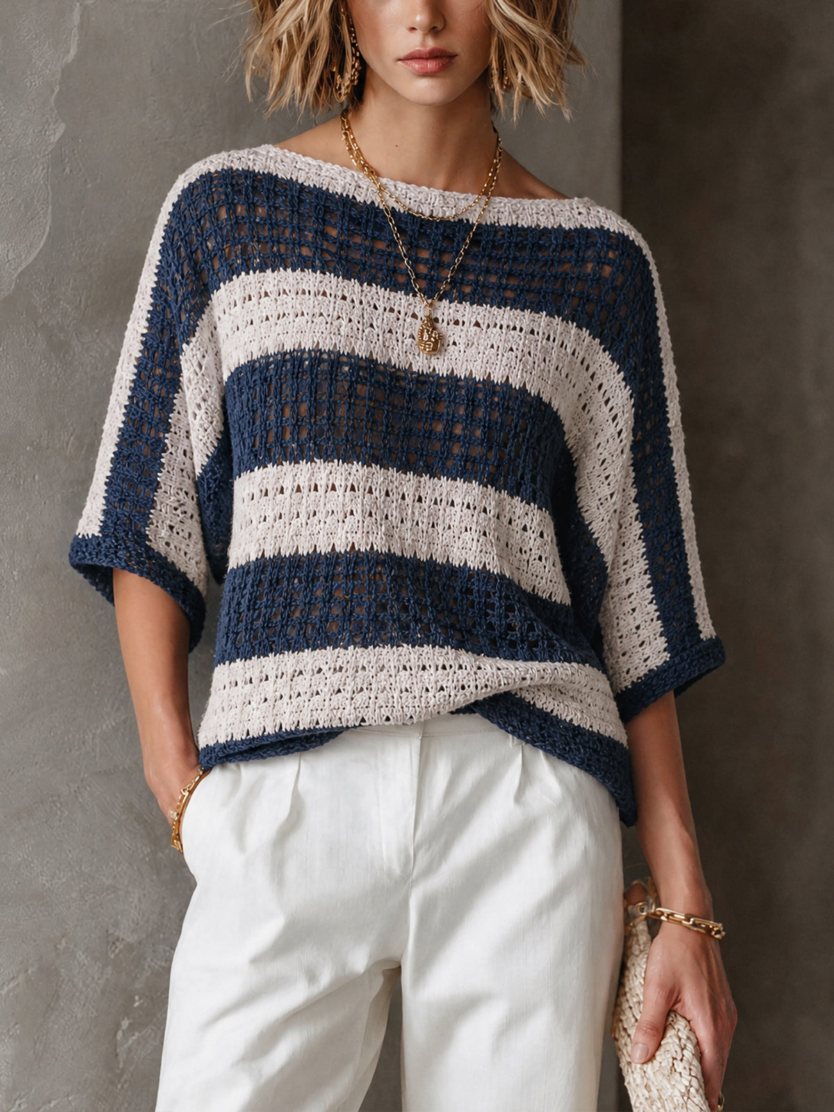 Chic Coastal Navy-Cream Colorblock Stripe Boat Neck Batwing Three-Quarter Sleeve Loose-Fit Hollow Knit Sweater Top