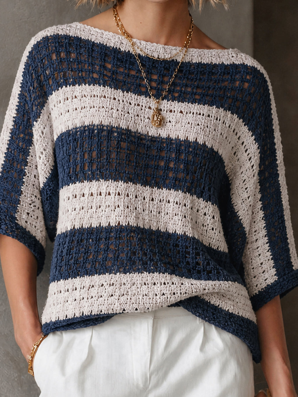 Chic Coastal Navy-Cream Colorblock Stripe Boat Neck Batwing Three-Quarter Sleeve Loose-Fit Hollow Knit Sweater Top