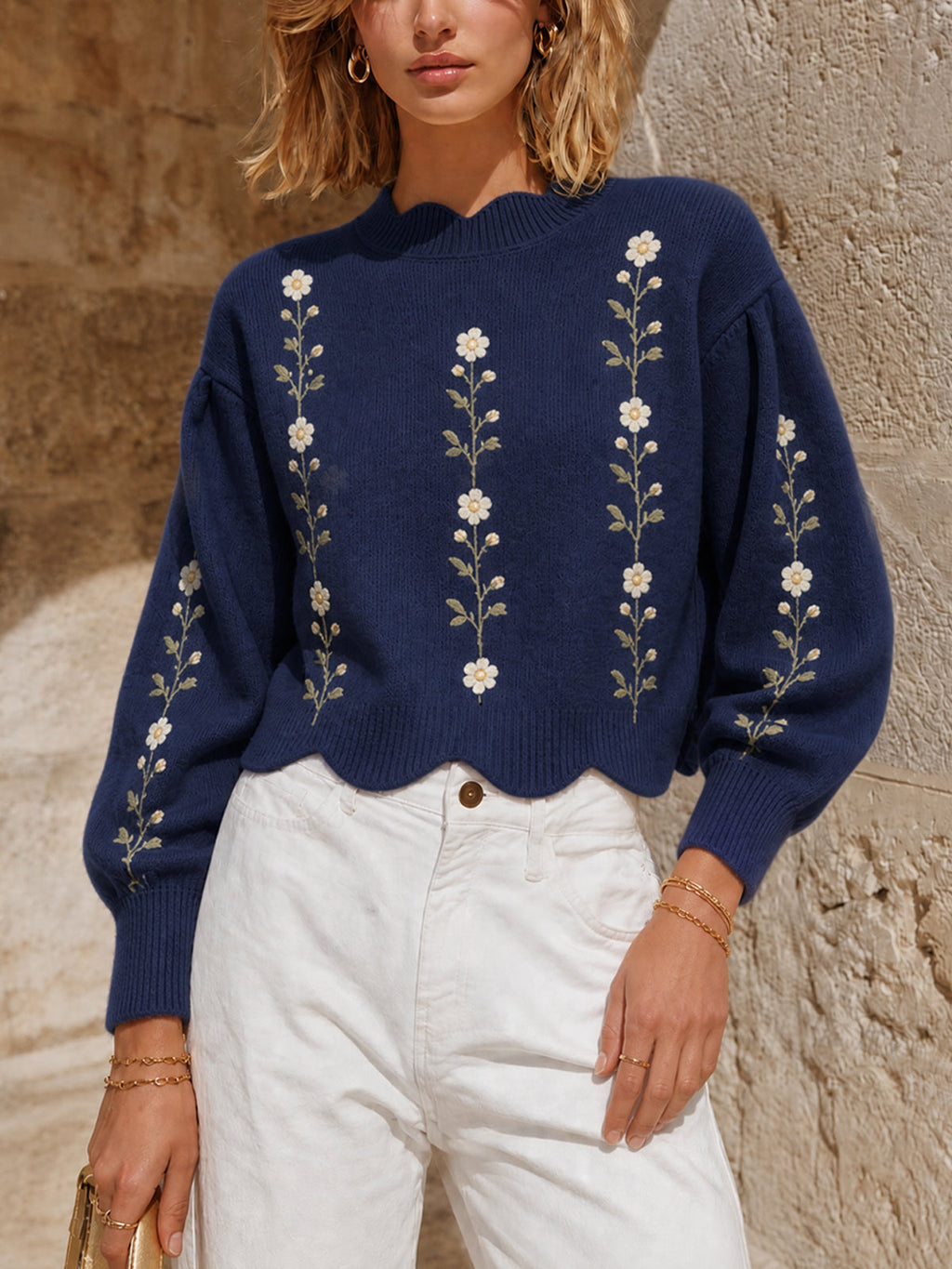 Chic Retro Casual Navy Round-Neck Wave Edge Detail Floral Embroidery Puff Long Sleeve Cropped Loose-Fit Knit Sweater Top