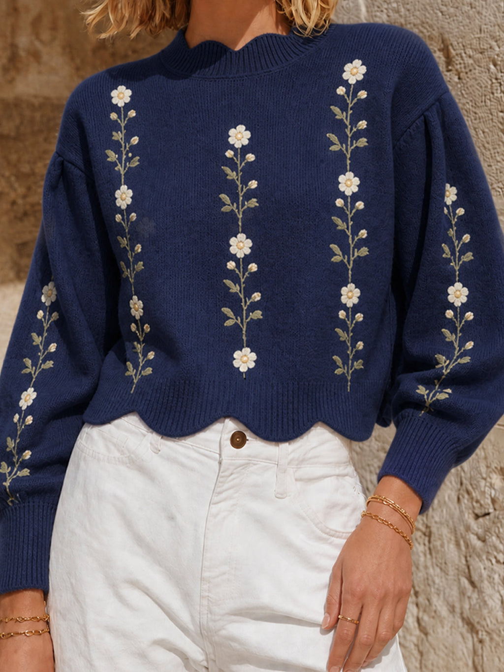 Chic Retro Casual Navy Round-Neck Wave Edge Detail Floral Embroidery Puff Long Sleeve Cropped Loose-Fit Knit Sweater Top