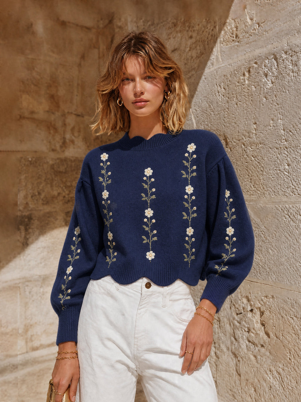 Chic Retro Casual Navy Round-Neck Wave Edge Detail Floral Embroidery Puff Long Sleeve Cropped Loose-Fit Knit Sweater Top