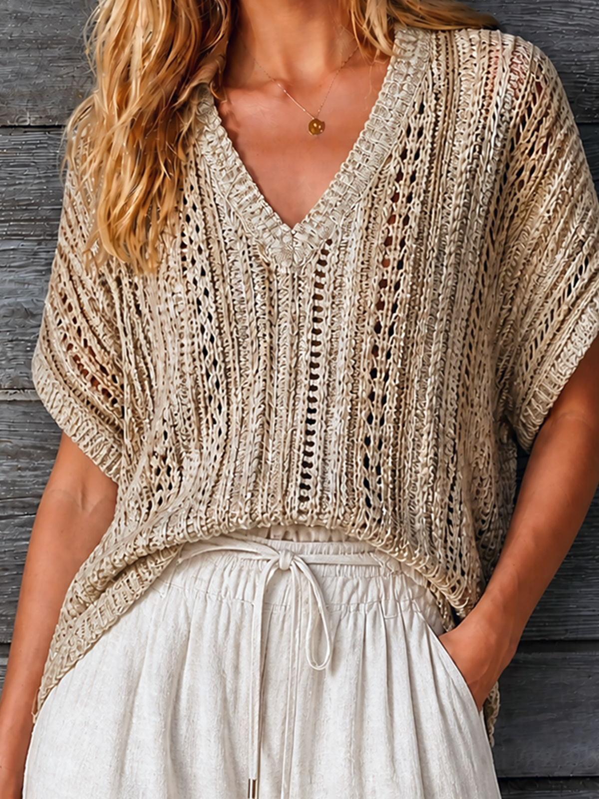Chic Elegant Sand Beige V-Neck Batwing Short Sleeve Loose-Fit Hollow-Out Knit Sweater Top