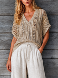 Chic Elegant Sand Beige V-Neck Batwing Short Sleeve Loose-Fit Hollow-Out Knit Sweater Top