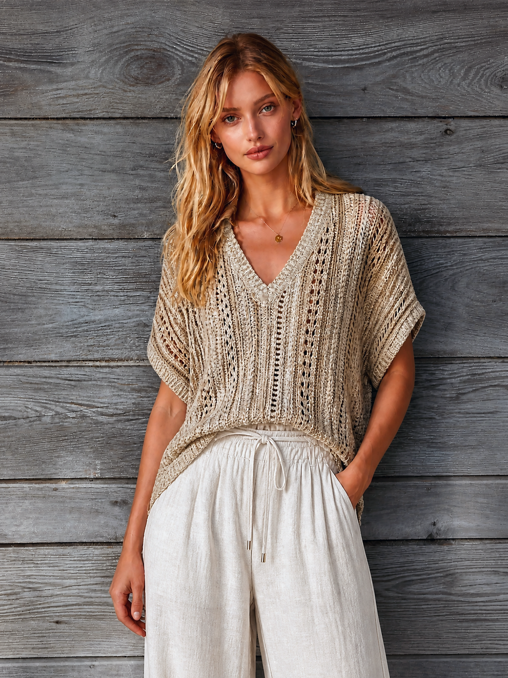 Chic Elegant Sand Beige V-Neck Batwing Short Sleeve Loose-Fit Hollow-Out Knit Sweater Top