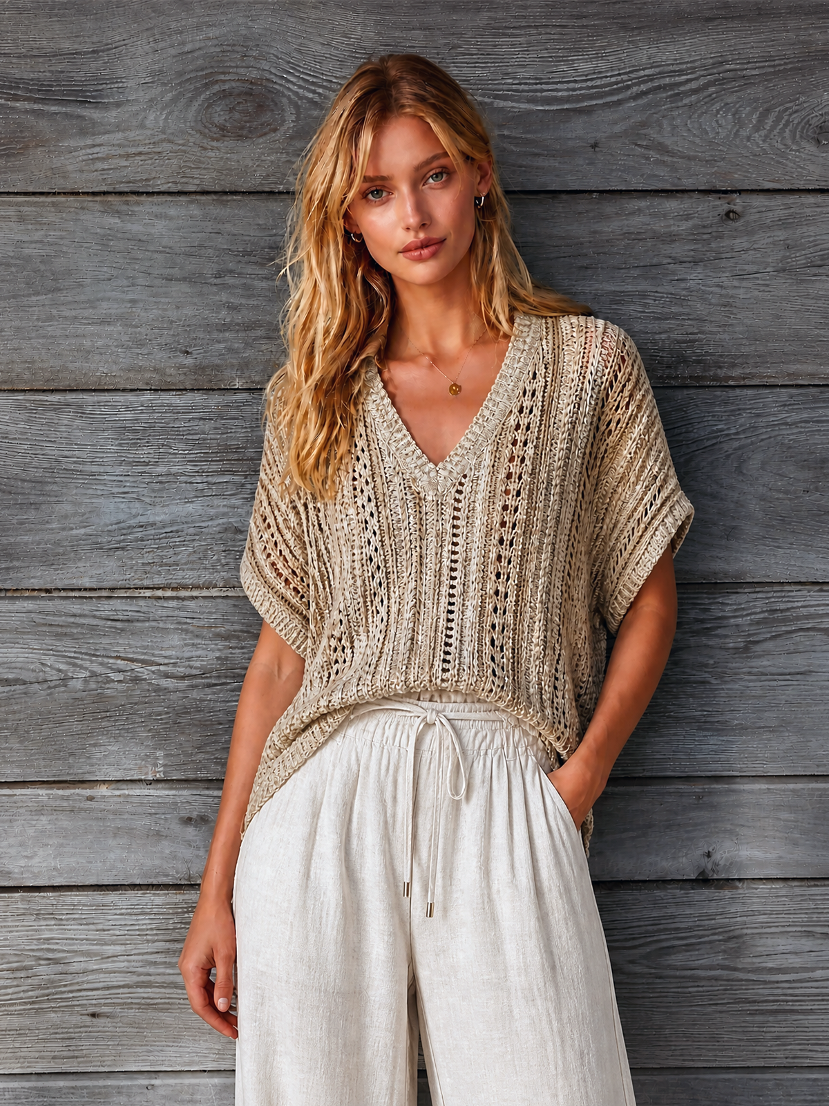 Chic Elegant Sand Beige V-Neck Batwing Short Sleeve Loose-Fit Hollow-Out Knit Sweater Top