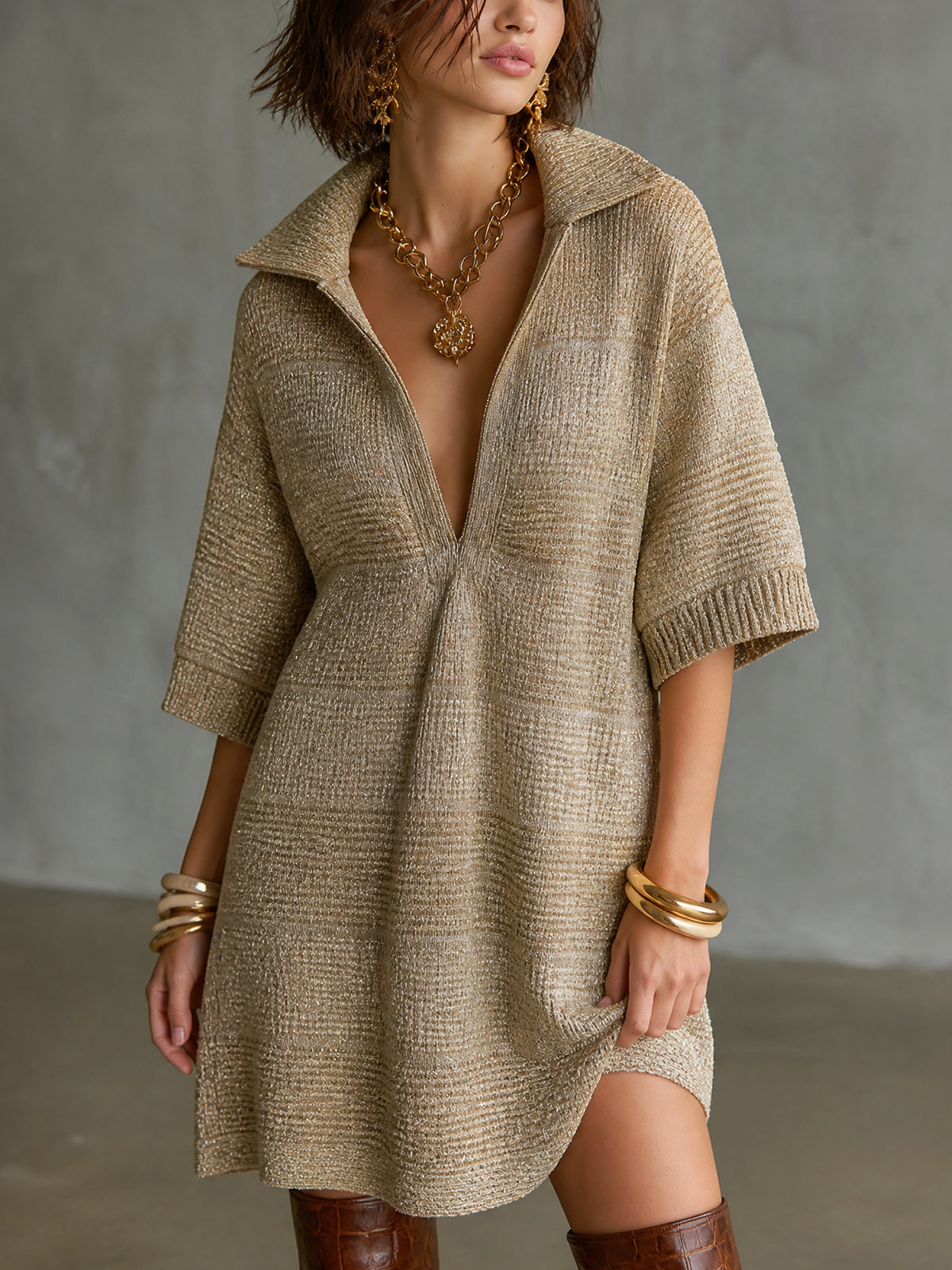 Chic Casual Gold Lapel Collar V-Neck Three-Quarter Sleeve A-line Loose-Fit Knit Mini Dress