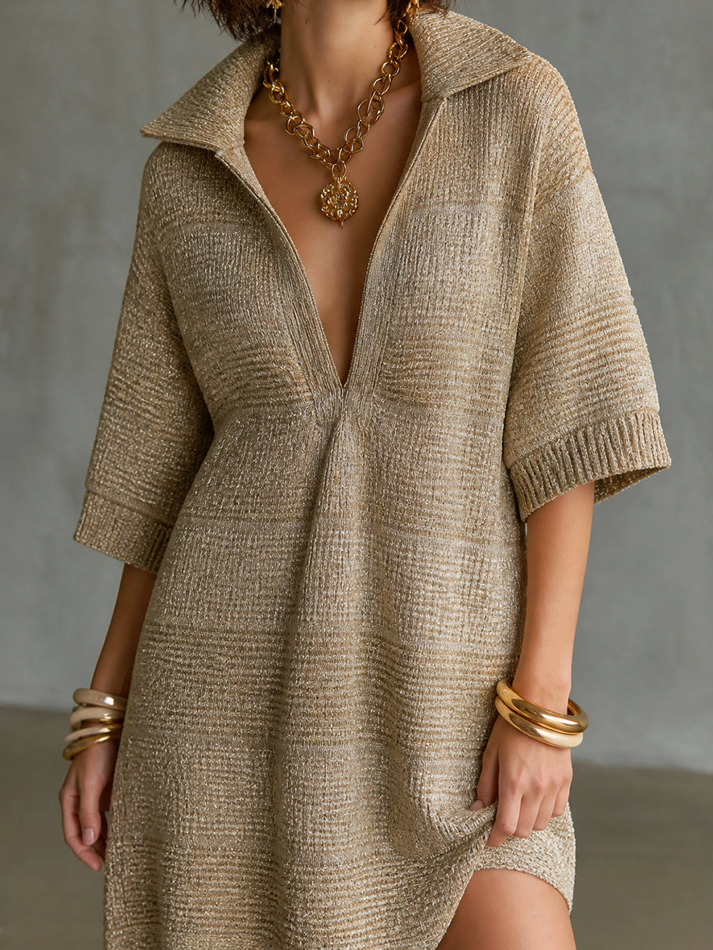 Chic Casual Gold Lapel Collar V-Neck Three-Quarter Sleeve A-line Loose-Fit Knit Mini Dress