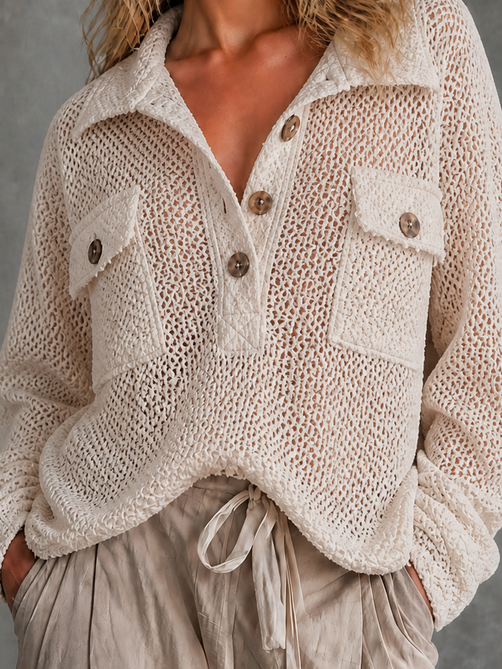 Chic Casual Off-White Lapel Collar Half Button Chest Pockets Long Sleeve Loose-Fit Mesh Open Knit Sweater Top