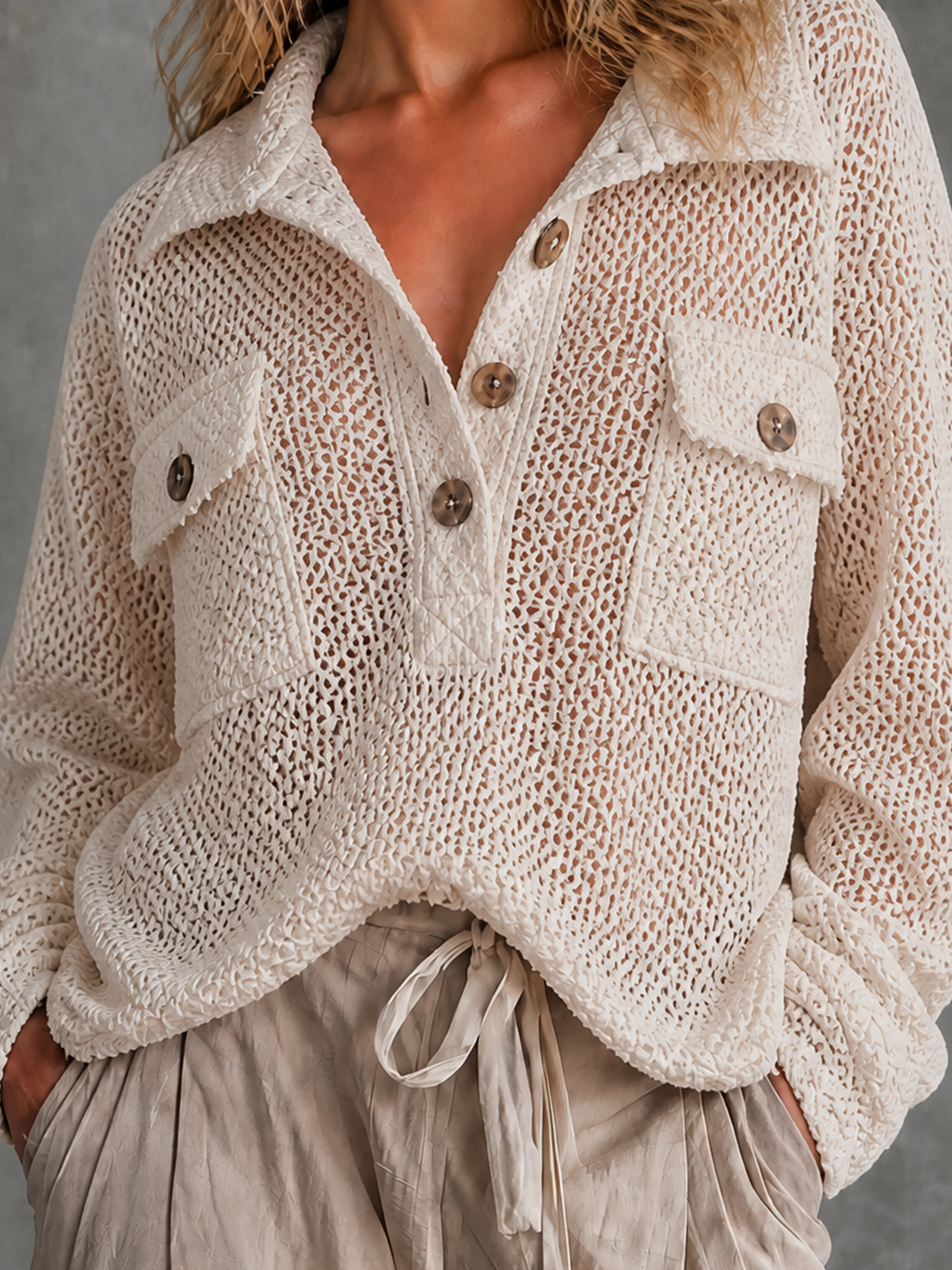 Chic Casual Off-White Lapel Collar Half Button Chest Pockets Long Sleeve Loose-Fit Mesh Open Knit Sweater Top