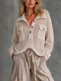 Chic Casual Off-White Lapel Collar Half Button Chest Pockets Long Sleeve Loose-Fit Mesh Open Knit Sweater Top