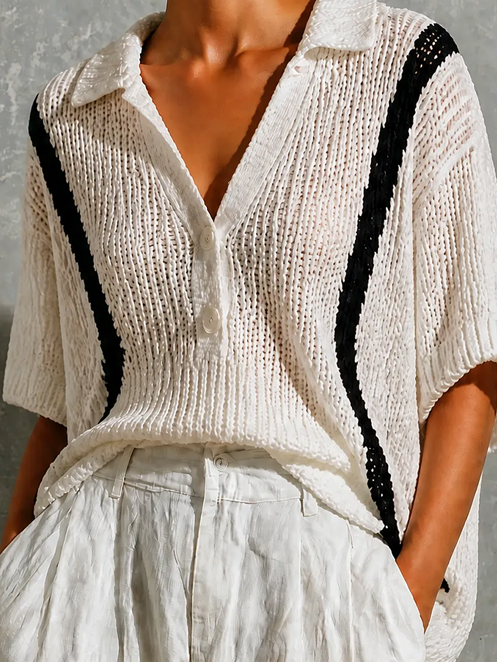 Chic Casual White Lapel Collar Half Button Black Contrast Trim Short Sleeve Loose-Fit Hollow Open Knit Sweater Top