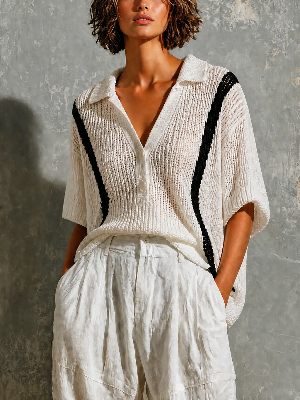 Chic Casual White Lapel Collar Half Button Black Contrast Trim Short Sleeve Loose-Fit Hollow Open Knit Sweater Top