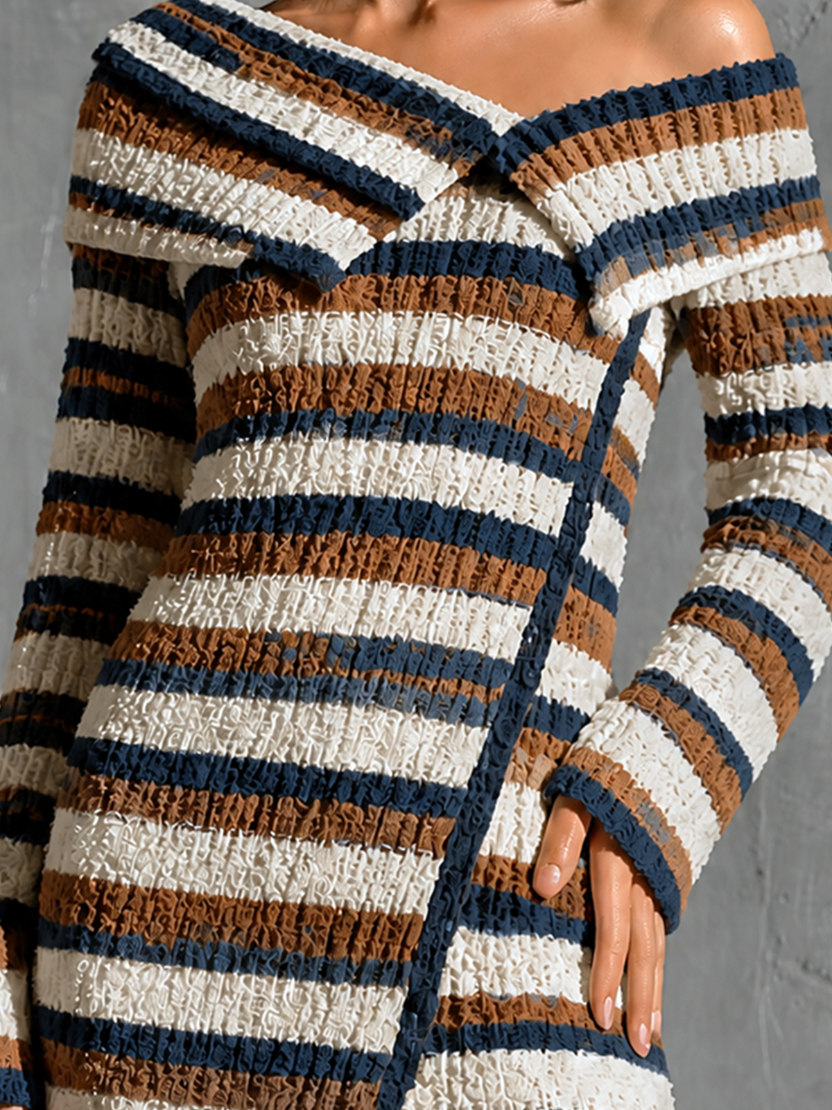 Chic Elegant Brown-White-Navy Blue Stripe Off The Shoulder Folded Lapel Long Sleeve Slim-Fit Knit Mini Dress