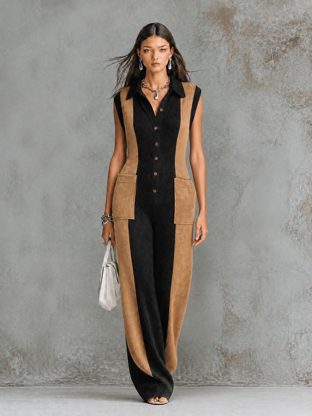 Chic Elegant Black-Camel Colorblock Lapel Collar Button-Front Patch Pockets Sleeveless Loose-Fit Knit Jumpsuit