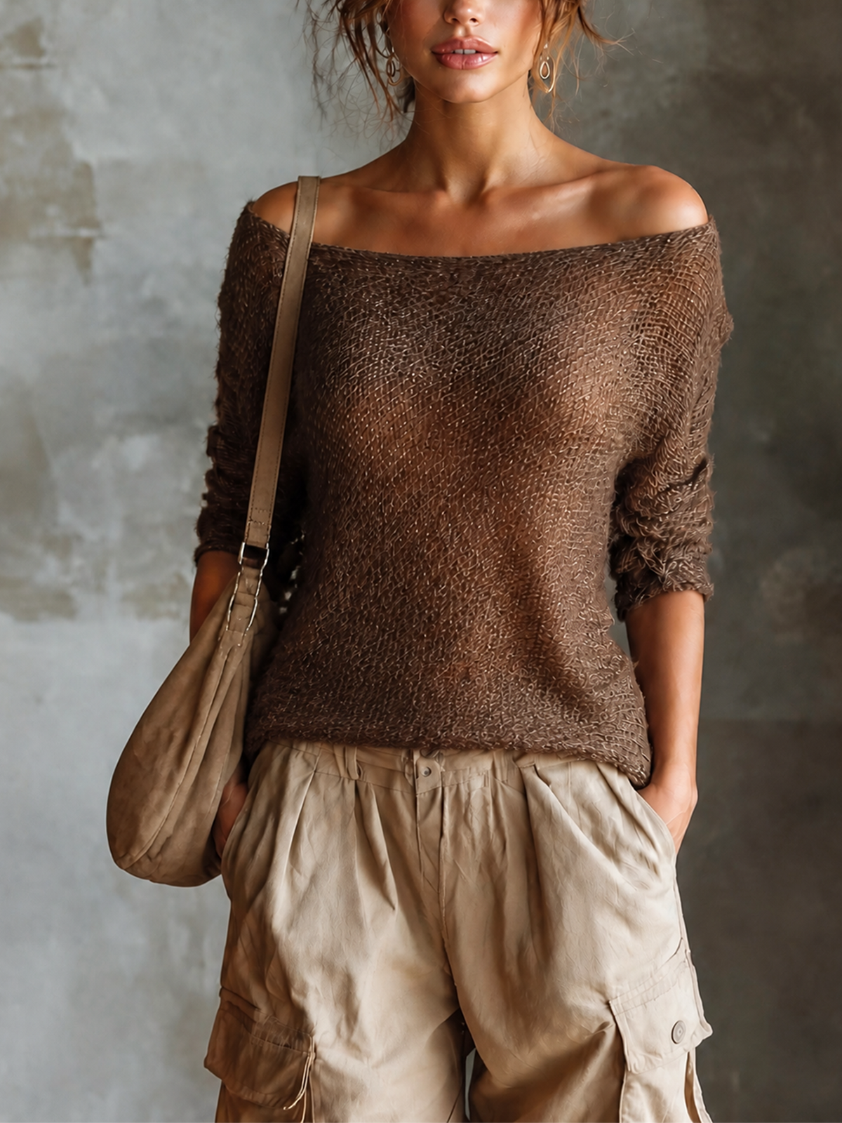 Chic Elegant Brown Off Shoulder Long Sleeve Loose-Fit Mesh Knit Sweater Top