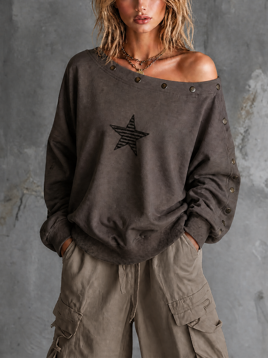 Chic Casual Charcoal Grey Off Shoulder Buttons Trim Star Embroidery Long Sleeve Loose-Fit French Terry Sweatshirt