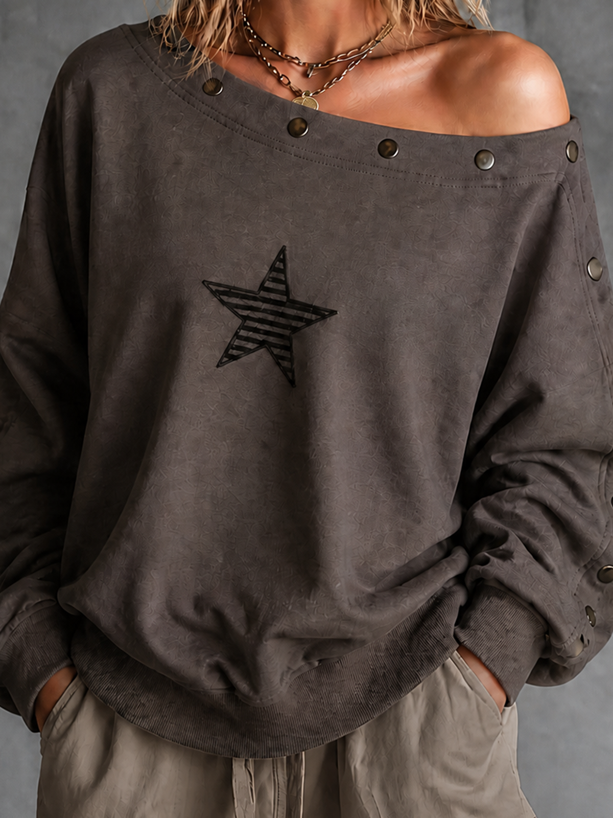 Chic Casual Charcoal Grey Off Shoulder Buttons Trim Star Embroidery Long Sleeve Loose-Fit French Terry Sweatshirt