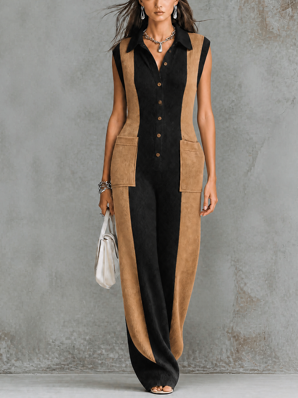 Chic Elegant Black-Camel Colorblock Lapel Collar Button-Front Patch Pockets Sleeveless Loose-Fit Knit Jumpsuit