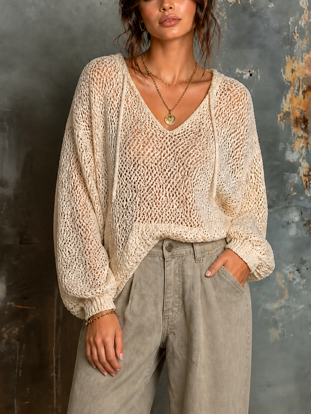 Chic Elegant Off White V-Neck Drawstring Hooded Long Sleeve Loose-Fit Hollow-Out Knit Sweater Top