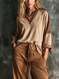 Chic Elegant Light Khaki Leopard Contrast Raglan V Neck Long Sleeve Loose-Fit Soft Jersey Fabric Shirt Top