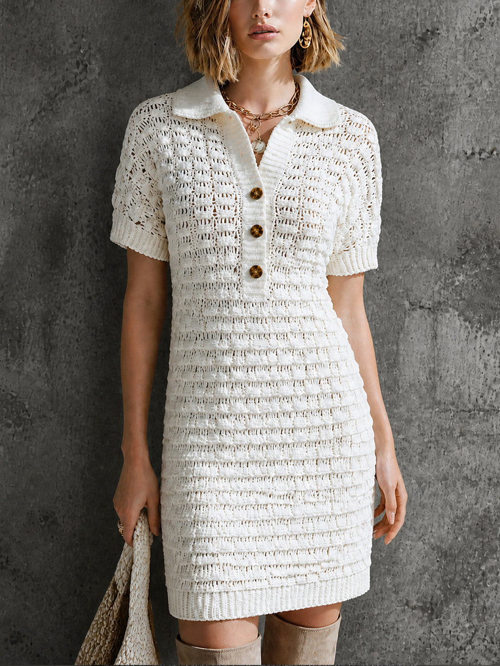 Chic White Lapel Collar Button Detail A-Line Short Sleeve Slim-Fit Hollow Knit Mini Dress