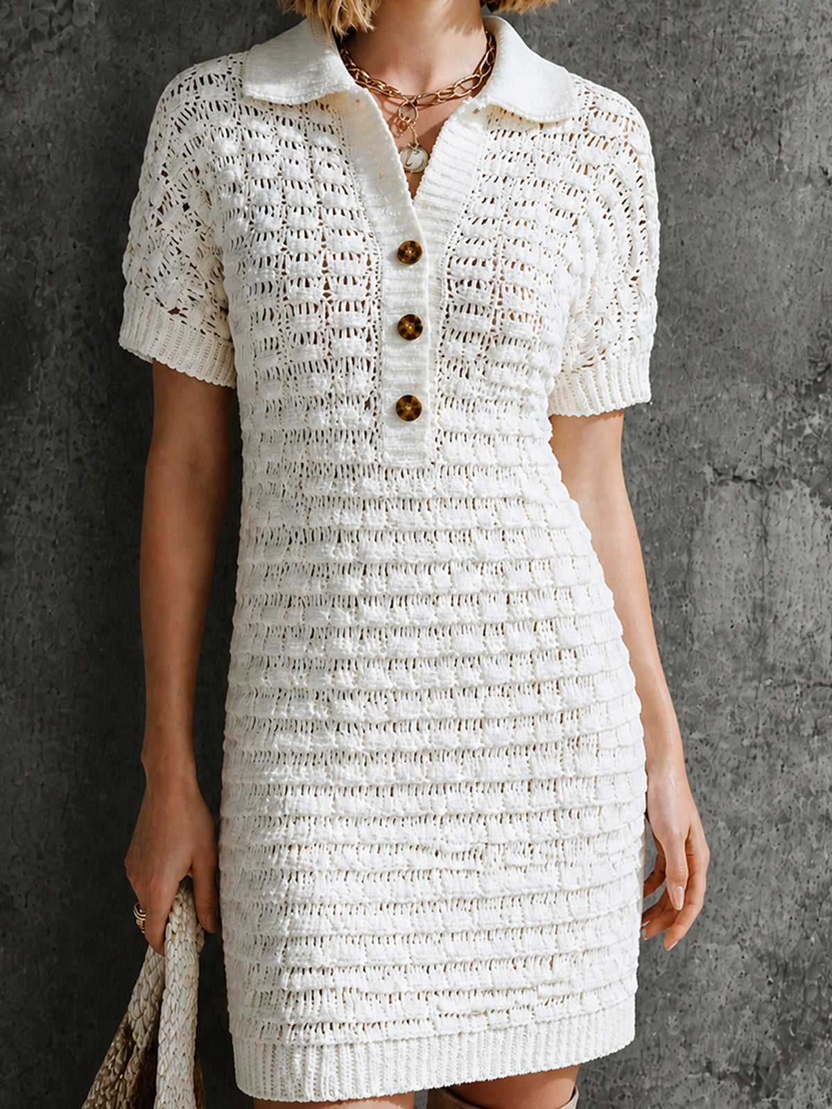 Chic White Lapel Collar Button Detail A-Line Short Sleeve Slim-Fit Hollow Knit Mini Dress