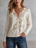 Chic Cream Round Neck Single-Breasted Spliced Satin Fabric Gold Chain Print Long Sleeve Rrgular-Fit Rib Knit Cardigan Top