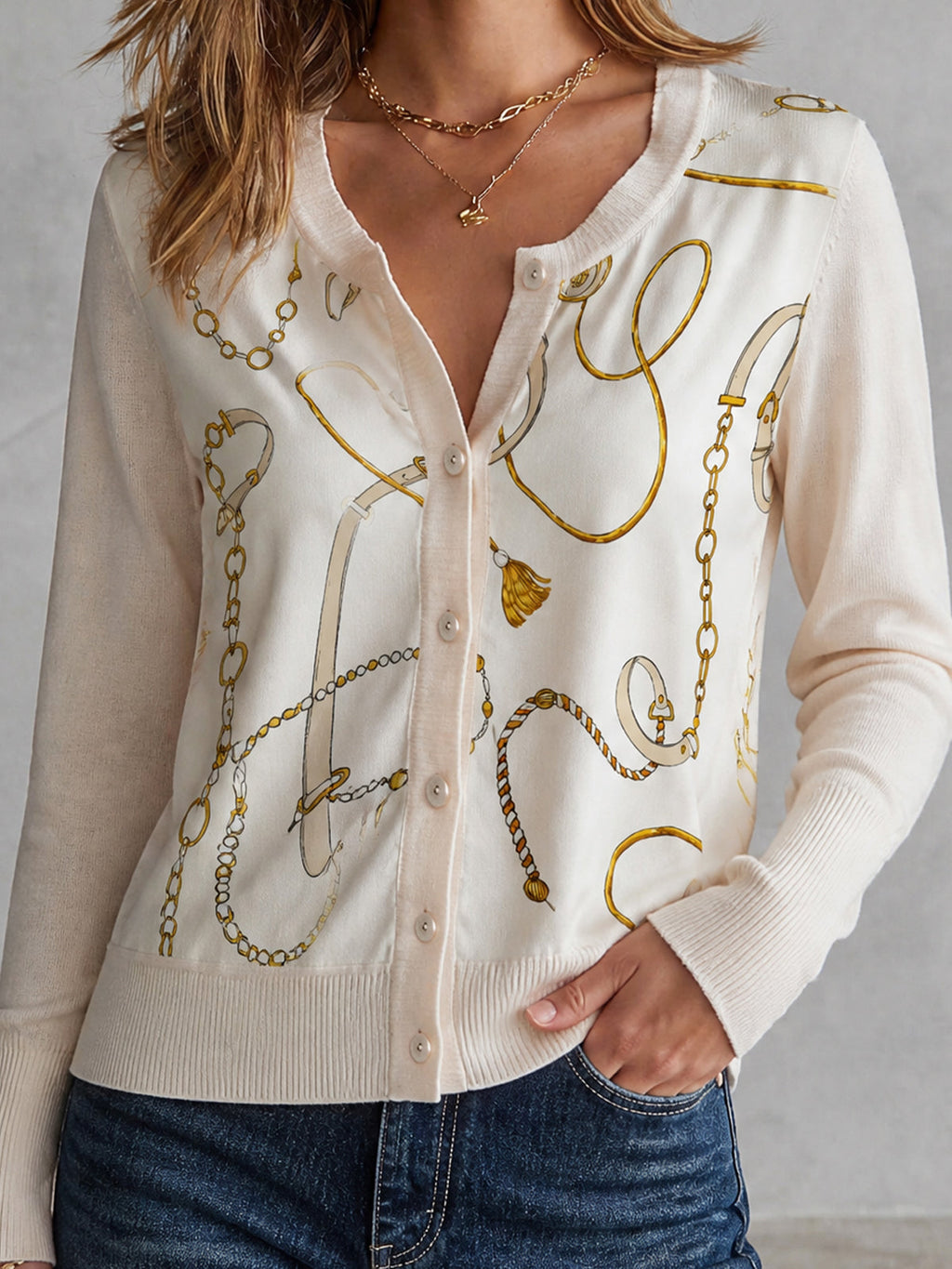 Chic Cream Round Neck Single-Breasted Spliced Satin Fabric Gold Chain Print Long Sleeve Rrgular-Fit Rib Knit Cardigan Top