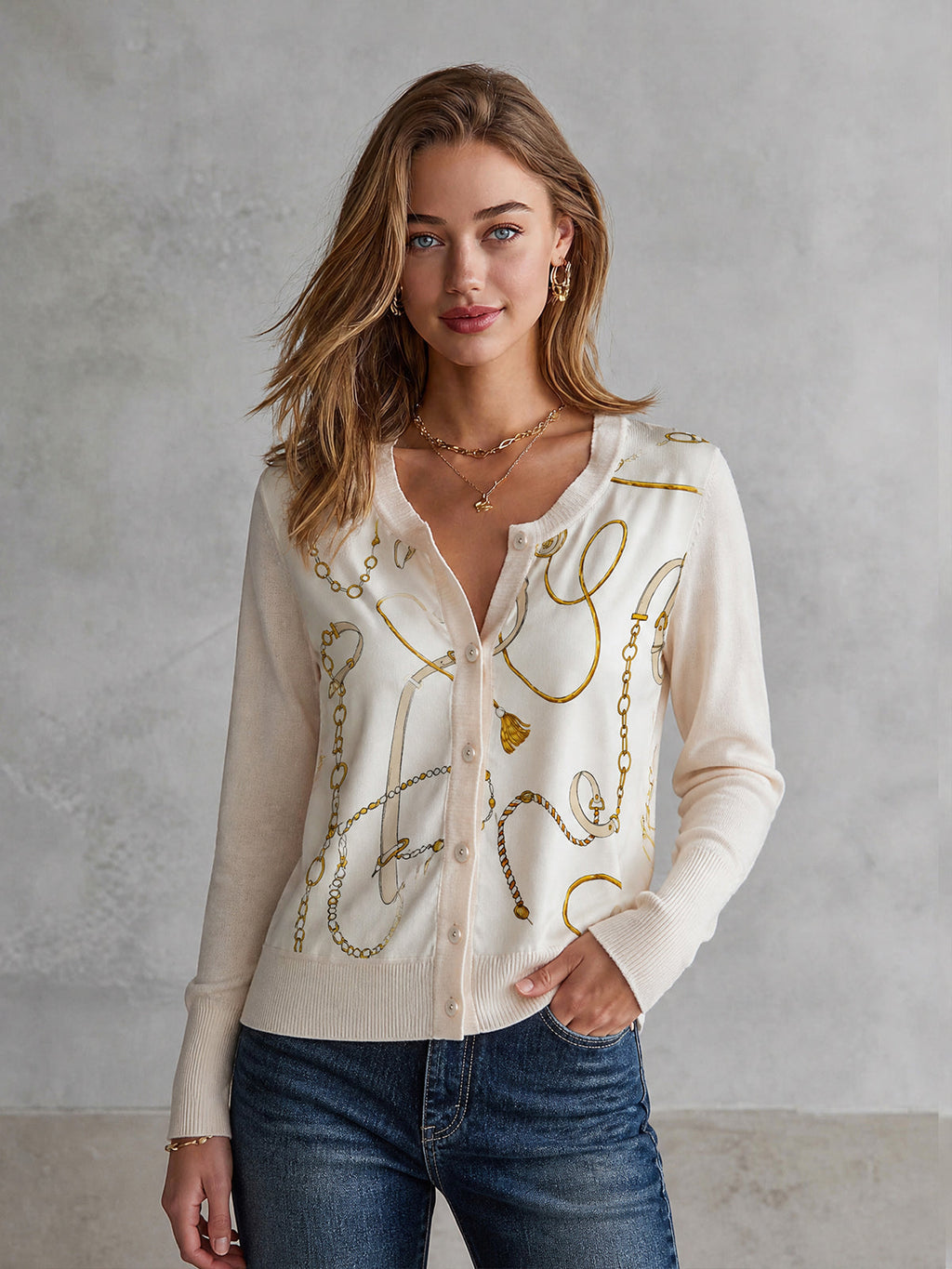 Chic Cream Round Neck Single-Breasted Spliced Satin Fabric Gold Chain Print Long Sleeve Rrgular-Fit Rib Knit Cardigan Top