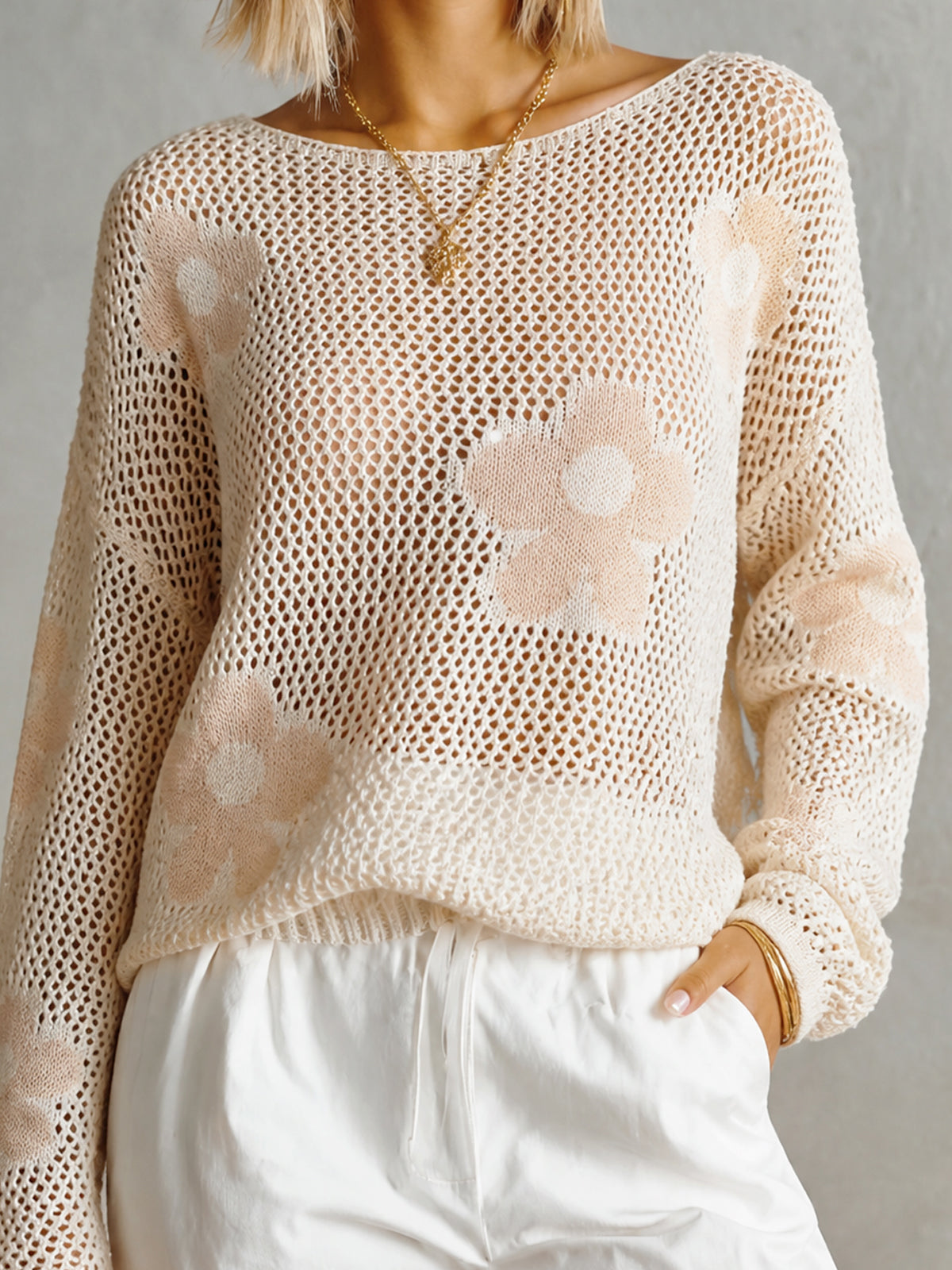 Chic Cream-Nude Pink Colorblock Floral Jacquard Boat Neck Long Sleeve Loose-Fit Open Mesh Knit Sweater Top