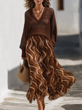Santorini Mocha Open-Knit V-Neck Sweater And Flowing Marble-Print Maxi Skirt Set