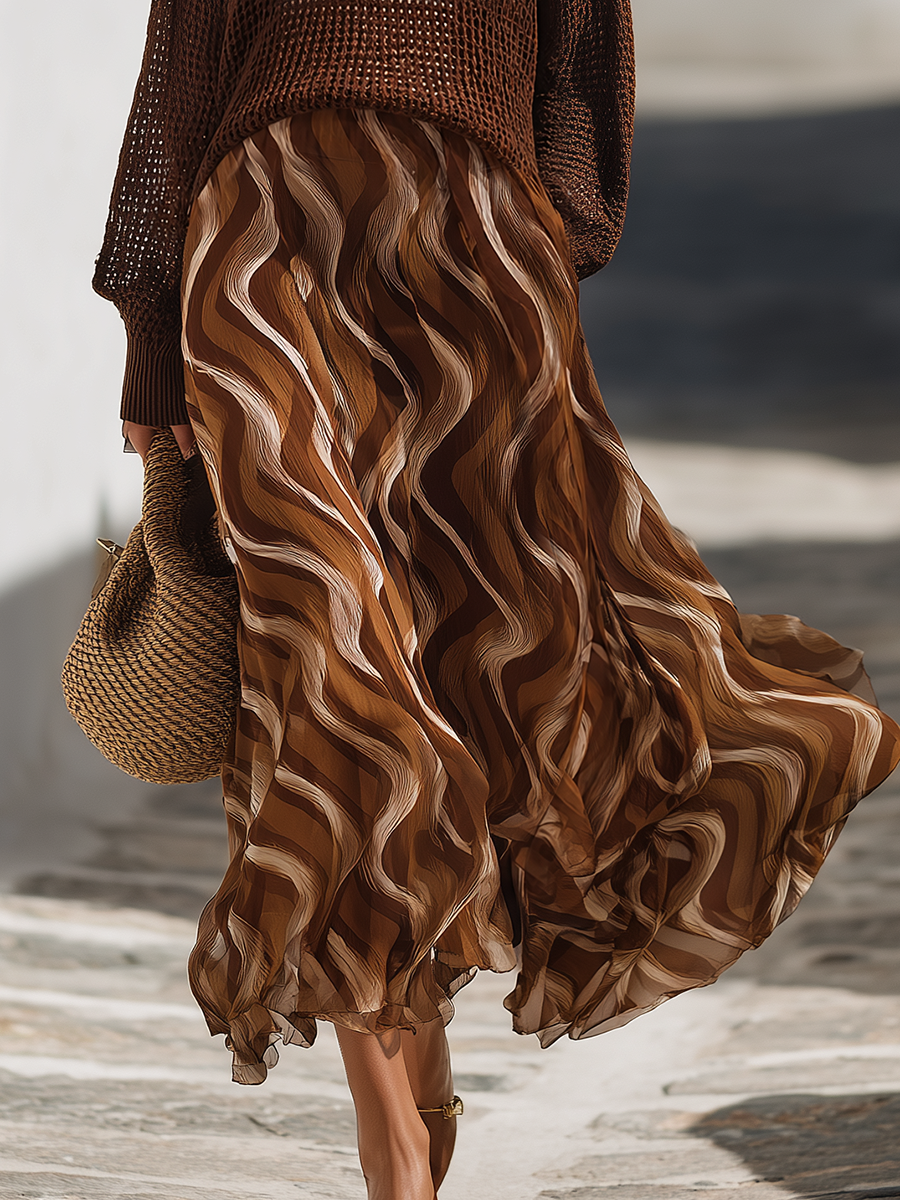 Santorini Mocha Open-Knit V-Neck Sweater And Flowing Marble-Print Maxi Skirt Set